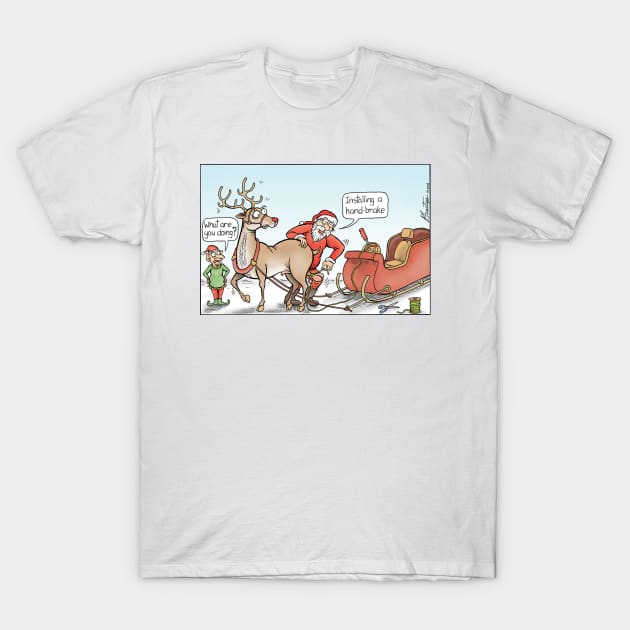 Santa installing a hand-brake. T-Shirt by JedDunstan